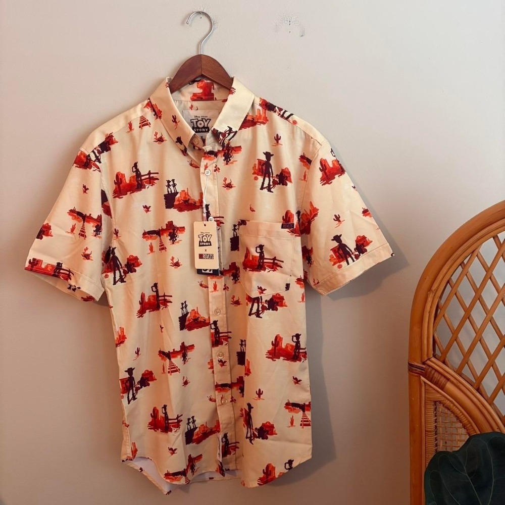 NWT Authentic RSVLTS Toy Story Woodys Roundup AOP Short Sleeve Button Shirt